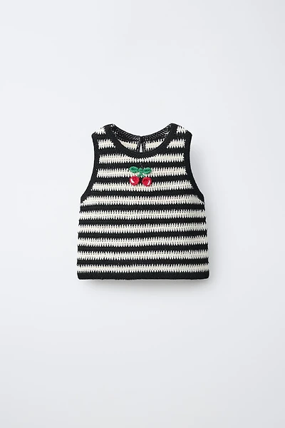CHERRY EMBROIDERED STRIPED CROCHET KNIT TOP