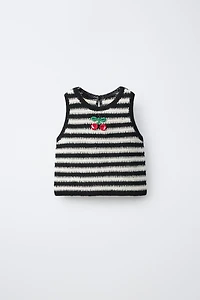 CHERRY EMBROIDERED STRIPED CROCHET KNIT TOP