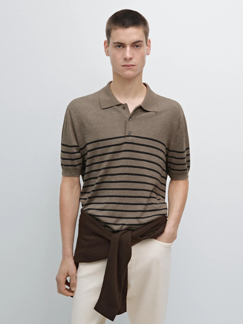 Short sleeve striped knit polo shirt