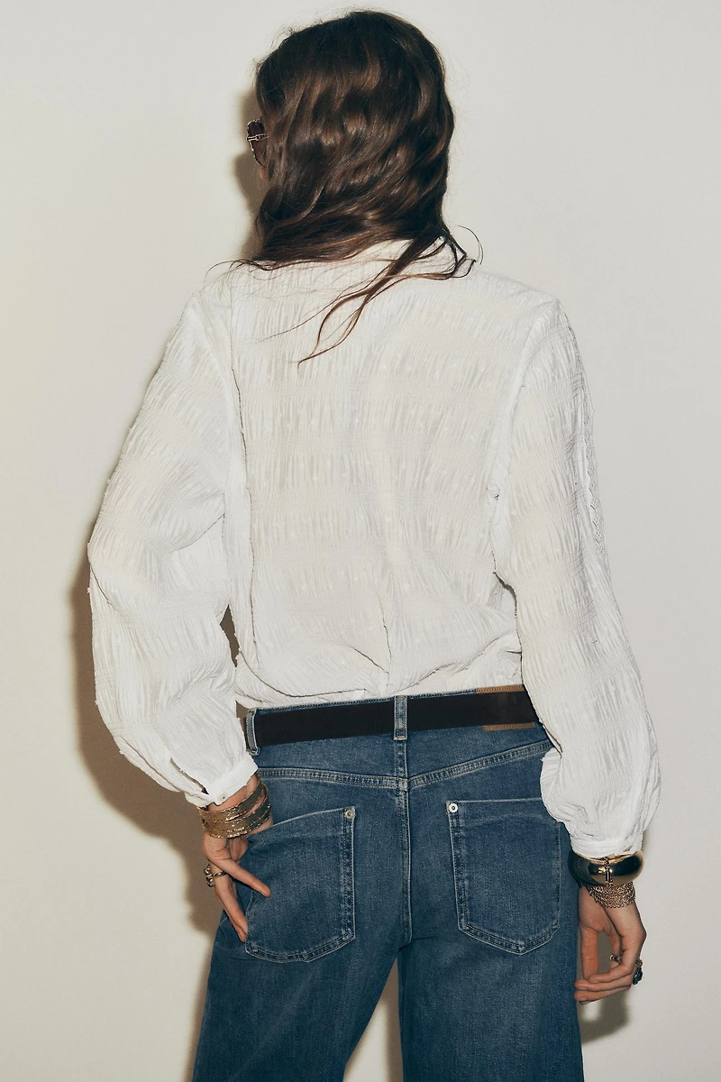 DOTTED MESH LACE TRIM BLOUSE