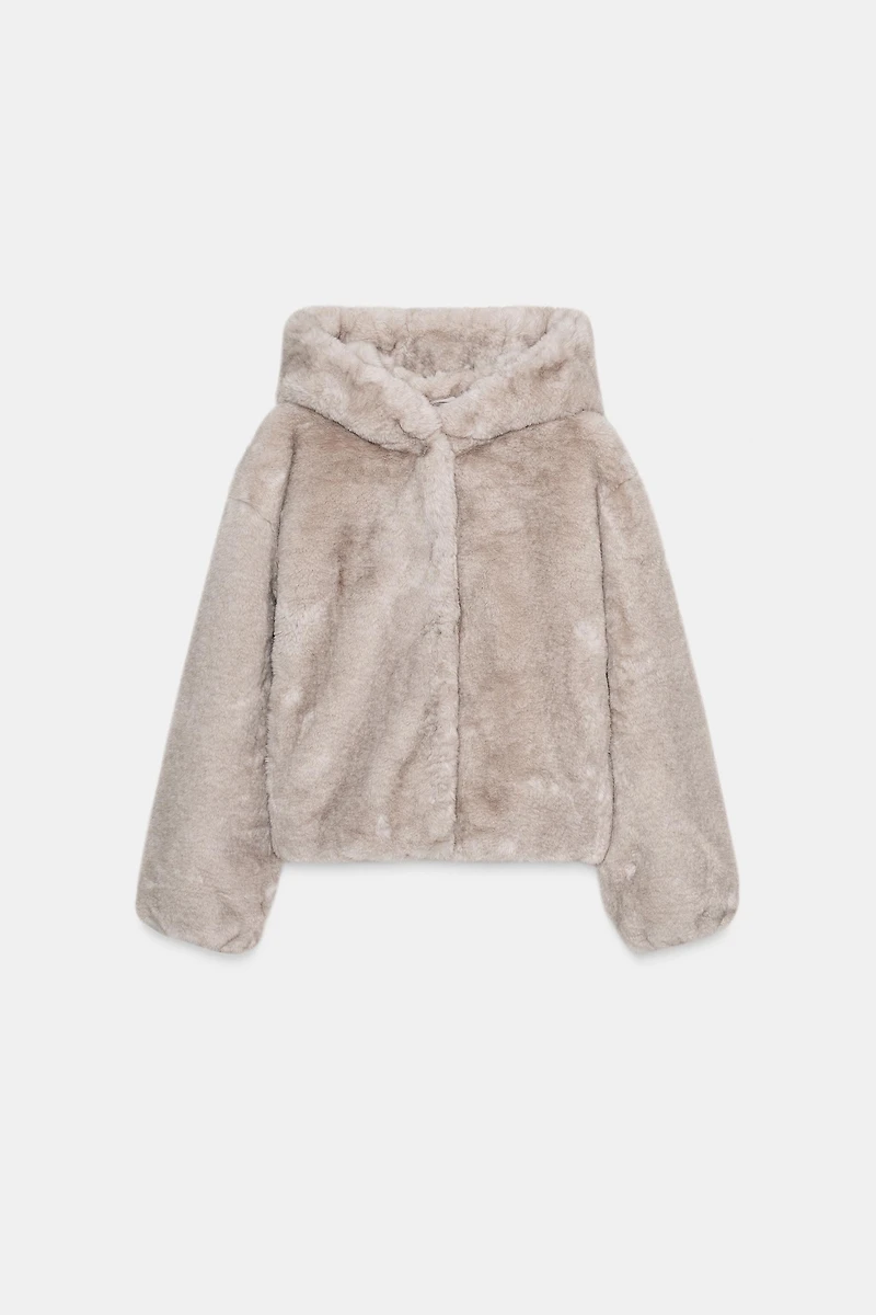 SHORT FAUX FUR HOODIE COAT
