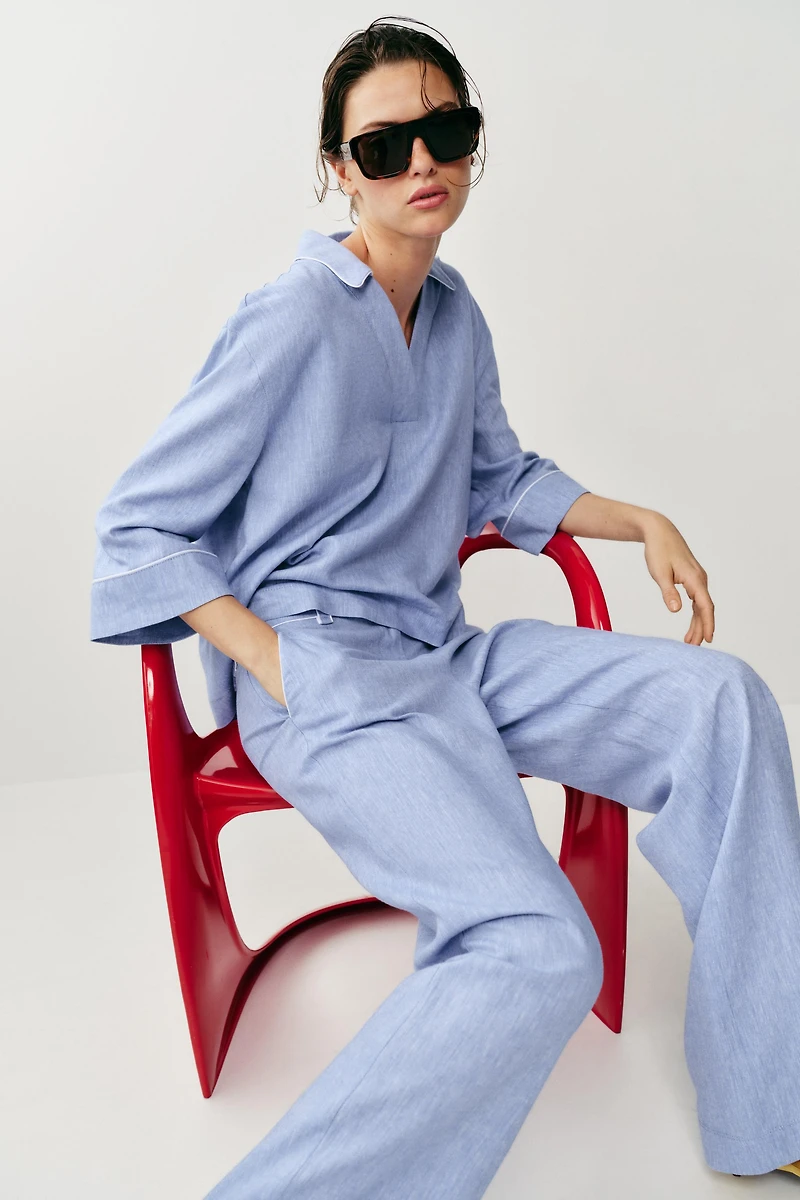 LINEN BLOUSE WITH CONTRAST PIPING
