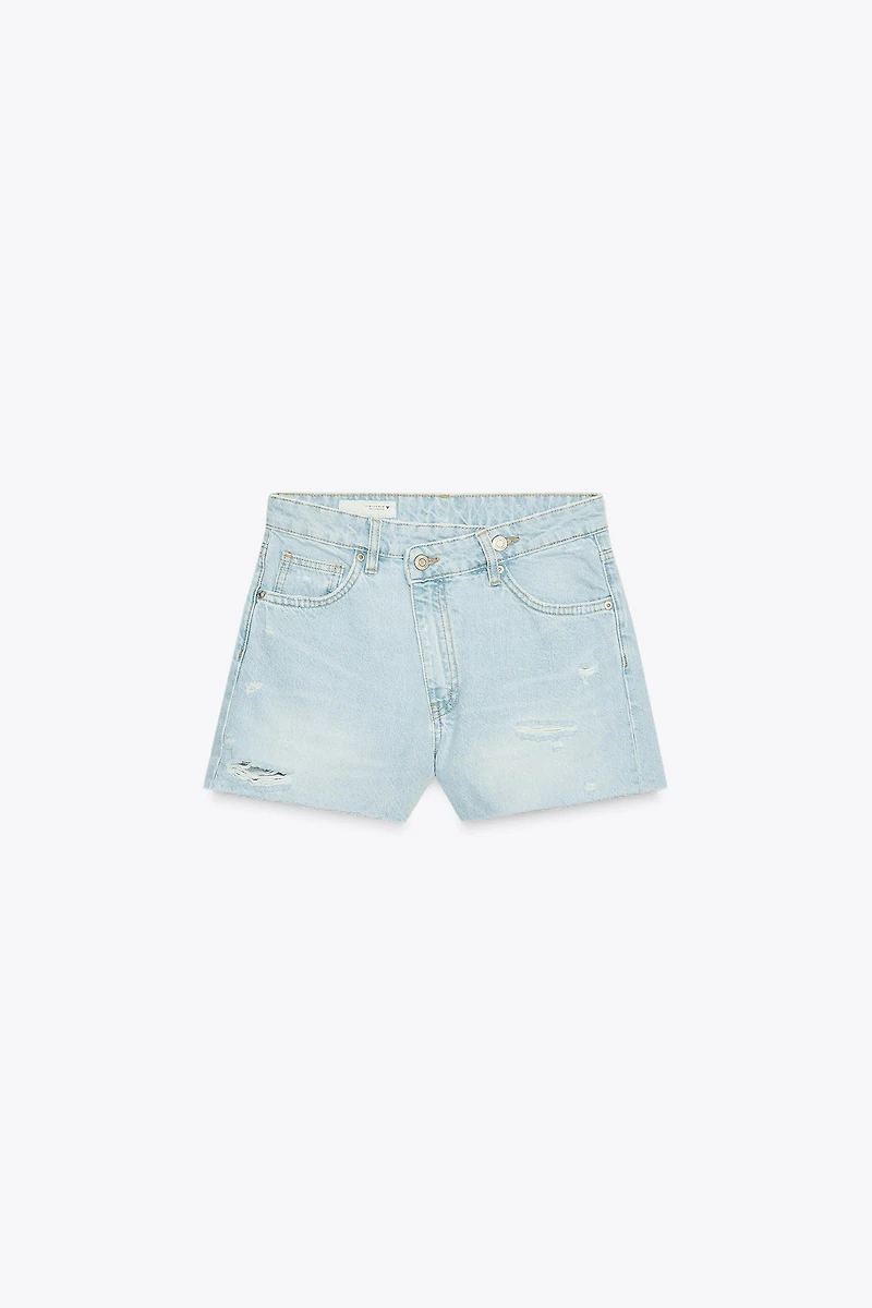 HIGH-WAISTED CROSS-WAIST TRF MOM FIT DENIM SHORTS
