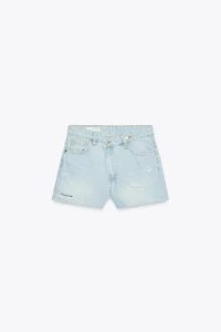 HIGH-WAISTED CROSS-WAIST TRF MOM FIT DENIM SHORTS