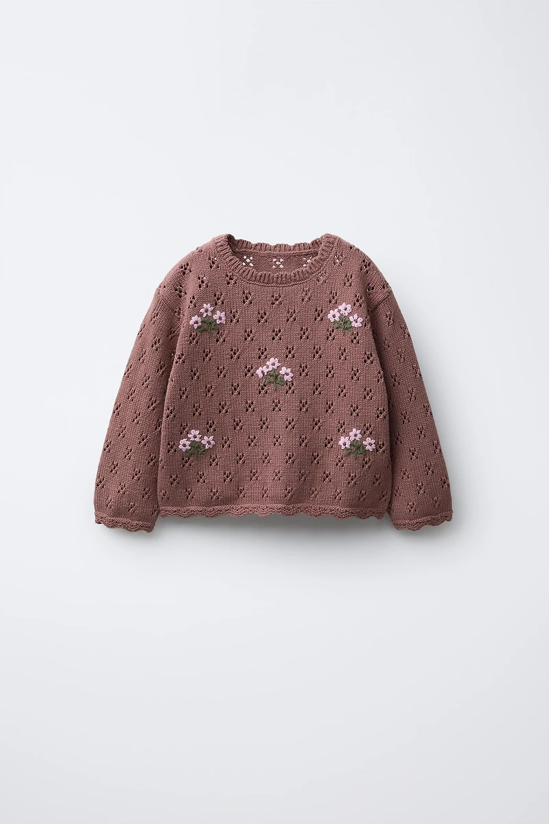 OPENWORK KNIT EMBROIDERED SWEATER