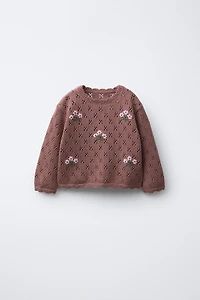 OPENWORK KNIT EMBROIDERED SWEATER