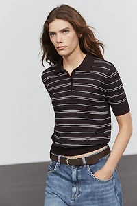 Cotton blend striped open-knit polo shirt