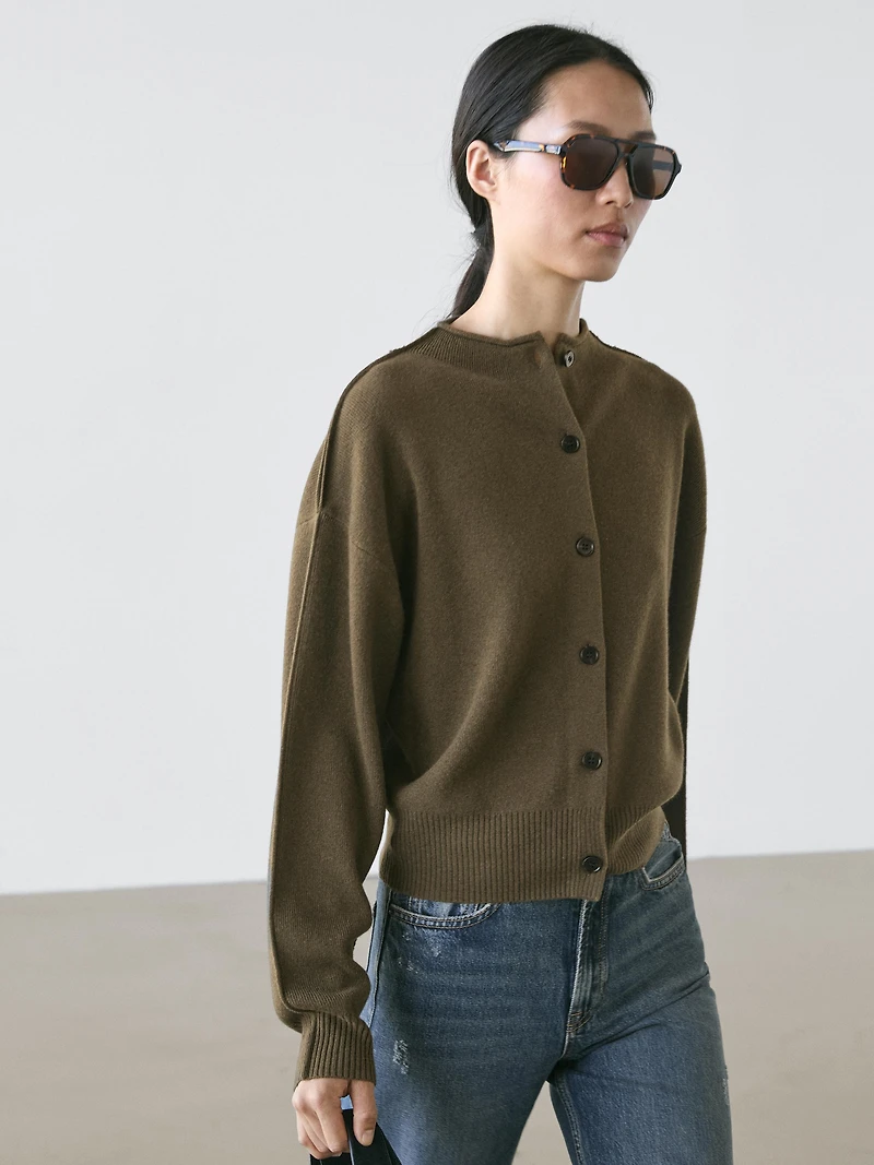 Wool blend knit cardigan with seam details