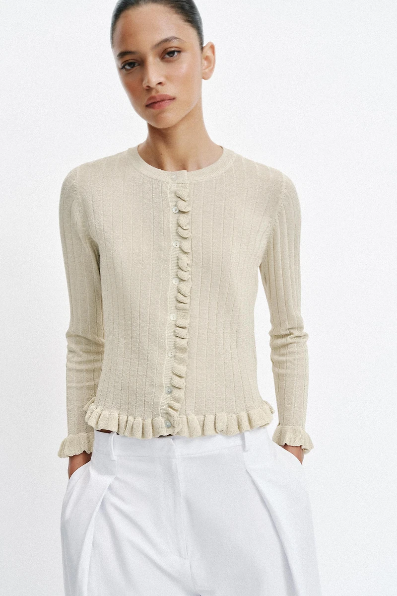 METALLIC THREAD RUFFLED KNIT CARDIGAN