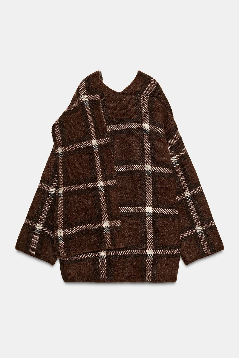 SHORT PLAID SCARF KNIT COAT