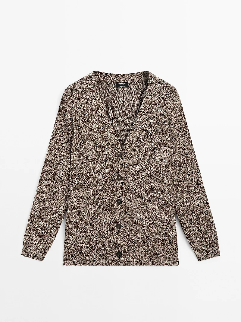 Cardigan long maille moulinée col en V