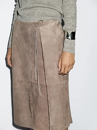Suede leather wrap midi skirt