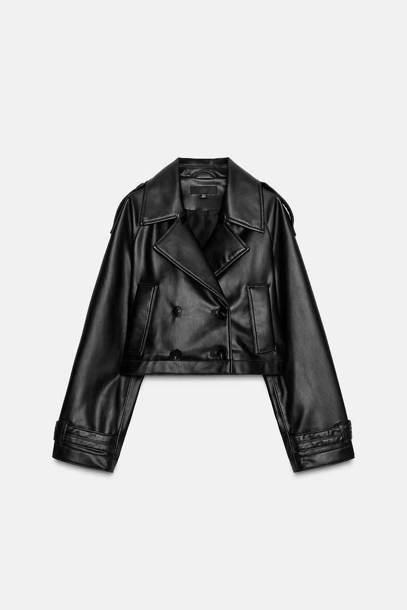 FAUX LEATHER SHORT TRENCH COAT