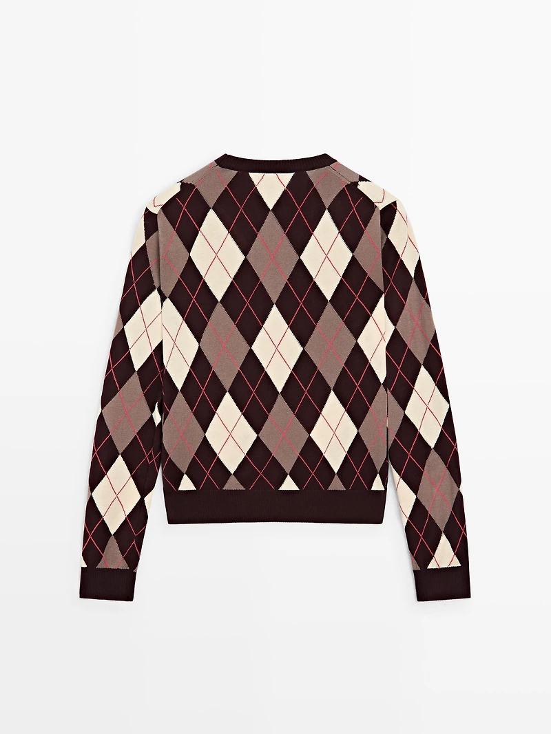 Cotton knit sweater with argyle detail