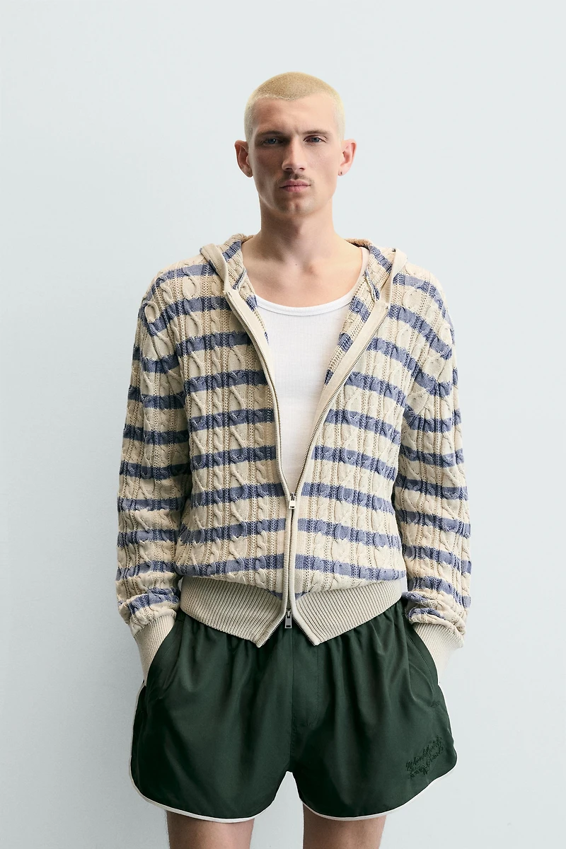 TEXTURED WOVEN HOODIE CARDIGAN