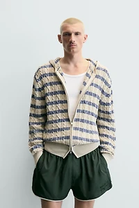 TEXTURED WOVEN HOODIE CARDIGAN
