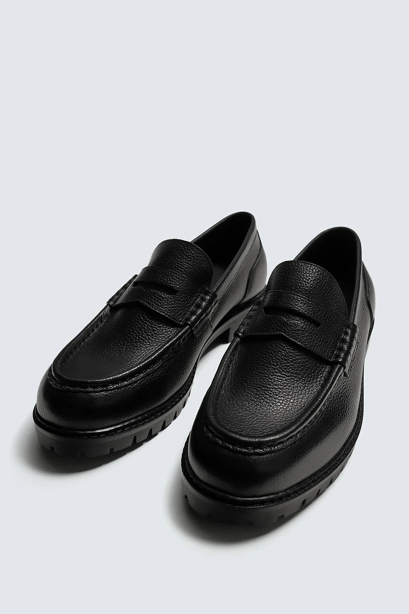 LEATHER TRACK SOLE PENNY LOAFERS