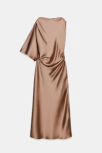 ASYMMETRIC SLEEVE SATIN EFFECT MIDI DRESS