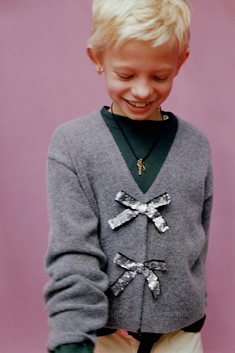 SPARKLY BOW V-NECK CARDIGAN