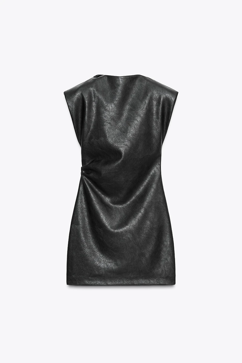 FAUX LEATHER SHORT DRESS WITH SHOULDER PADS