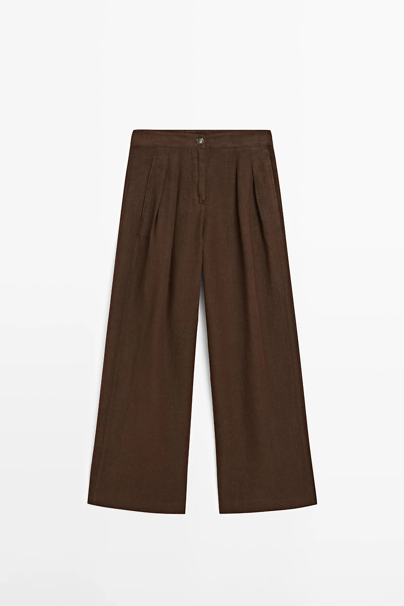 100% linen wide-leg pleated trousers