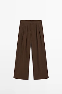 100% linen wide-leg pleated trousers
