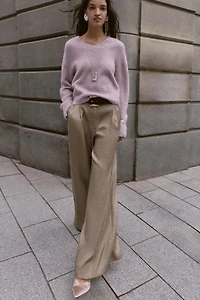 BELTED SATIN WIDE LEG PANTS