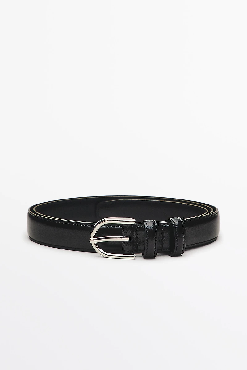 Nappa leather belt with topstitching and oval buckle