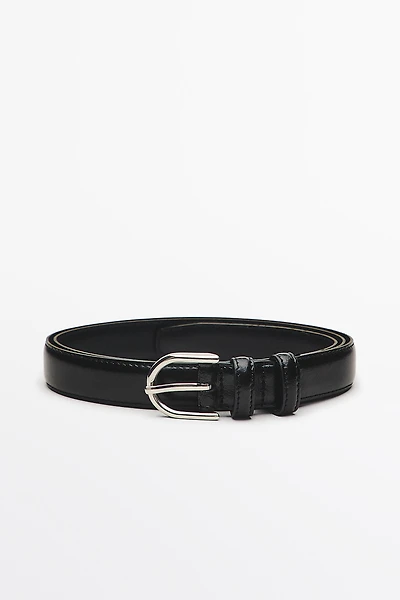 Nappa leather belt with topstitching and oval buckle