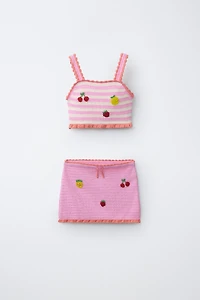 ENSEMBLE TOP ET PAREO EN MAILLE CROCHET FRUITS RAYURES