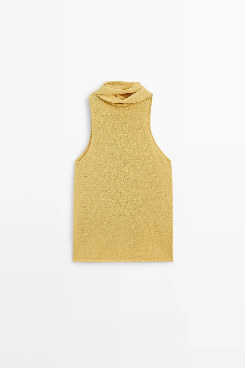 Linen blend halter top with tie detail