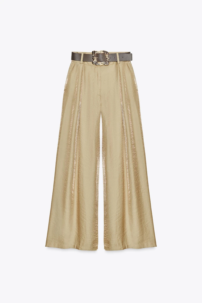 SATIN WIDE LEG BELTED PANTS