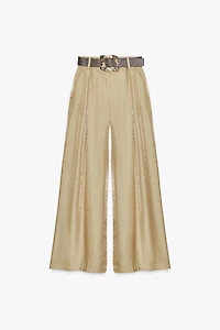 SATIN WIDE LEG BELTED PANTS
