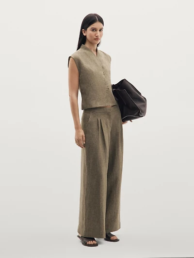 100% linen wide-leg trousers with darts