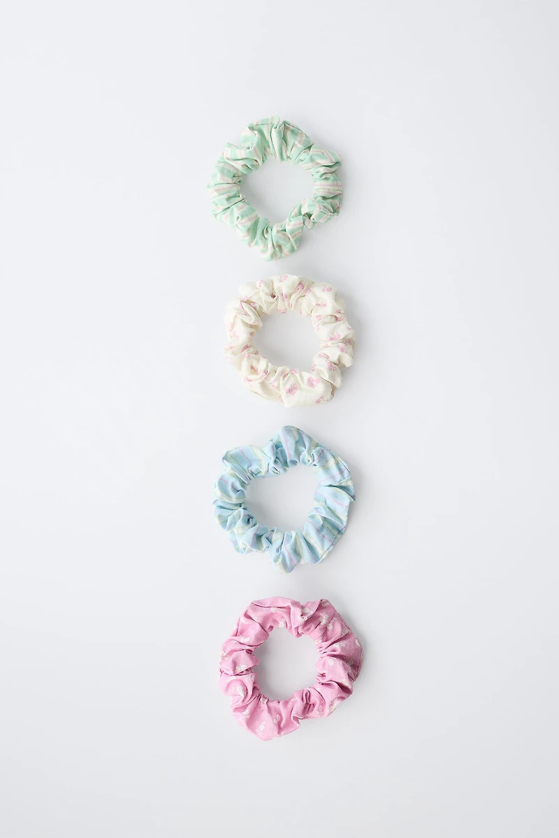 FOUR-PACK OF STRIPED AND FLORAL SCRUNCHIES