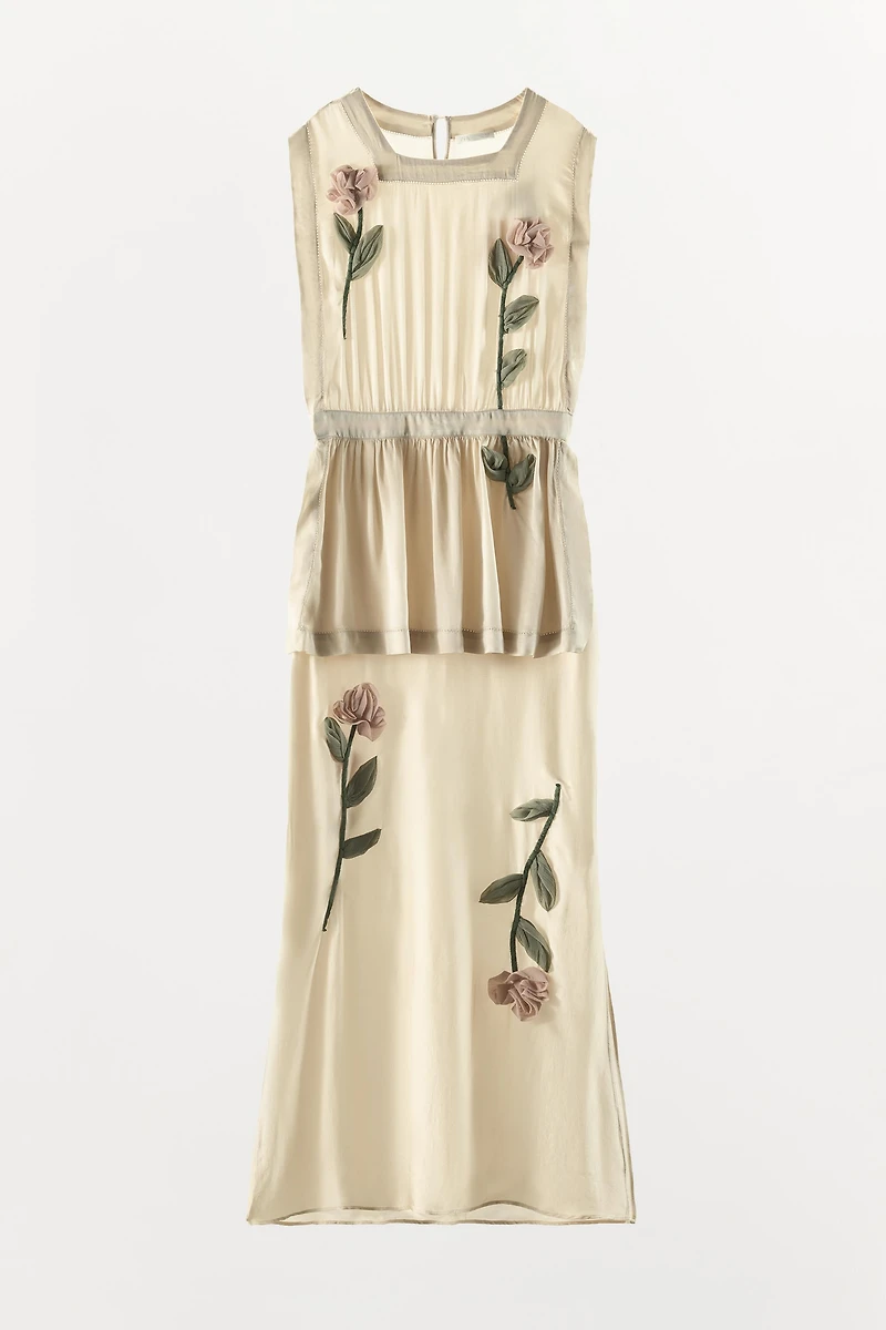 SATIN DRESS WITH 3D FLOWERS