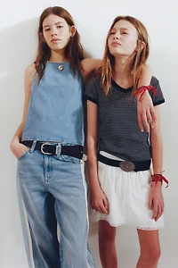 CROCHET KNIT DENIM TOP