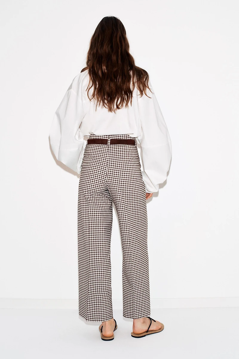 GINGHAM BELTED STRAIGHT PANTS