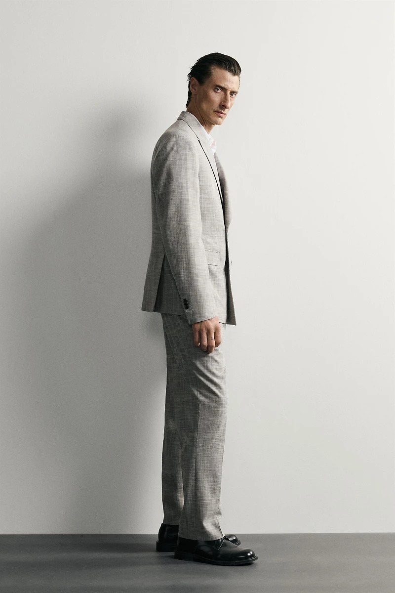 CHECKED WOOL BLEND PLEATED SUIT PANTS