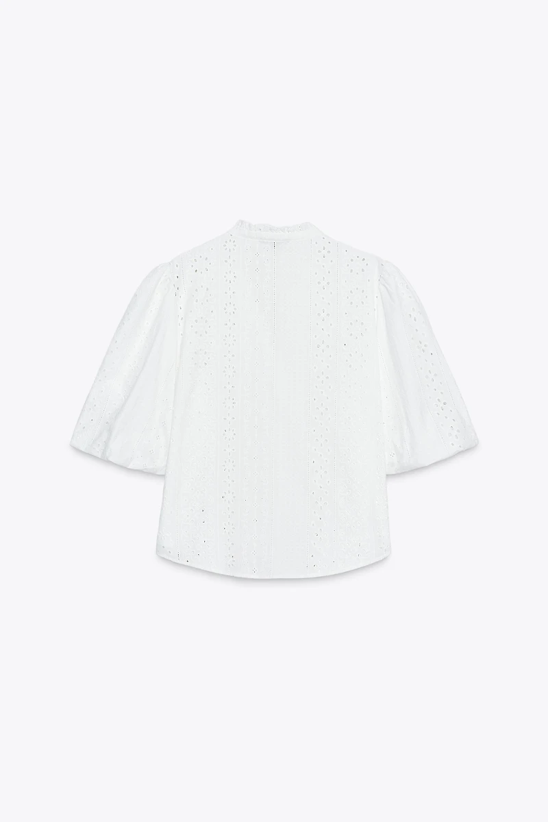 PUFF SLEEVE SHIRT WITH PERFORATED EMBROIDERY