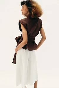 LINEN BELTED SHOULDER PAD TOP