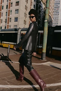 FAUX LEATHER DOUBLE BREASTED BLAZER