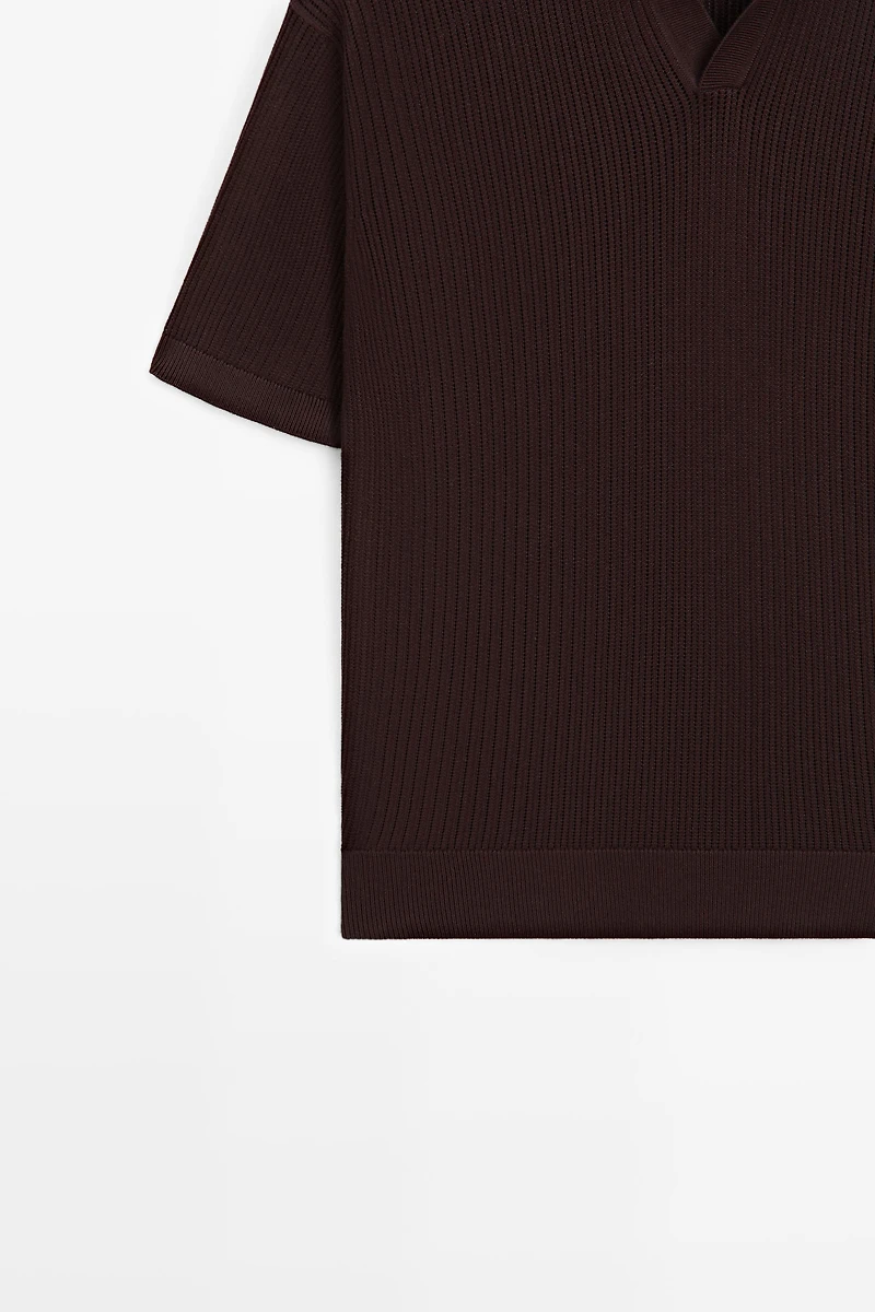 Cotton-blend V-neck knit polo shirt