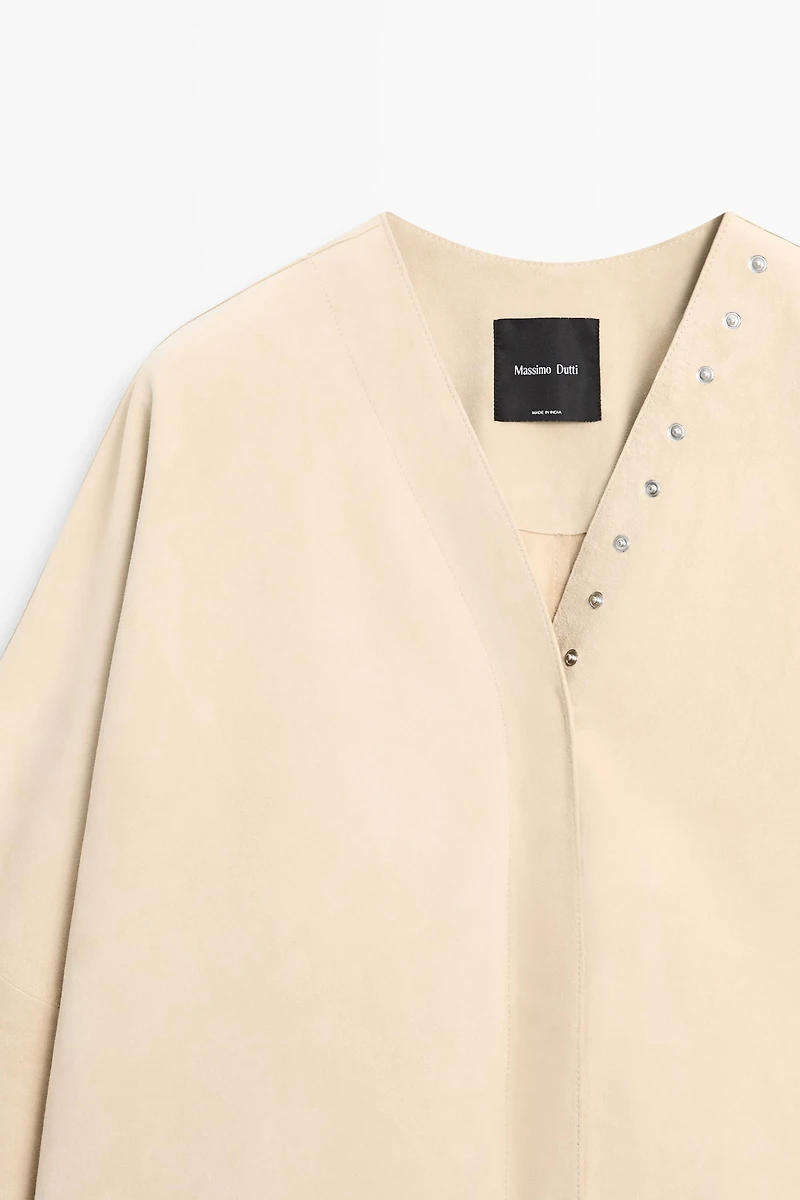 Suede leather shirt with snap button detail