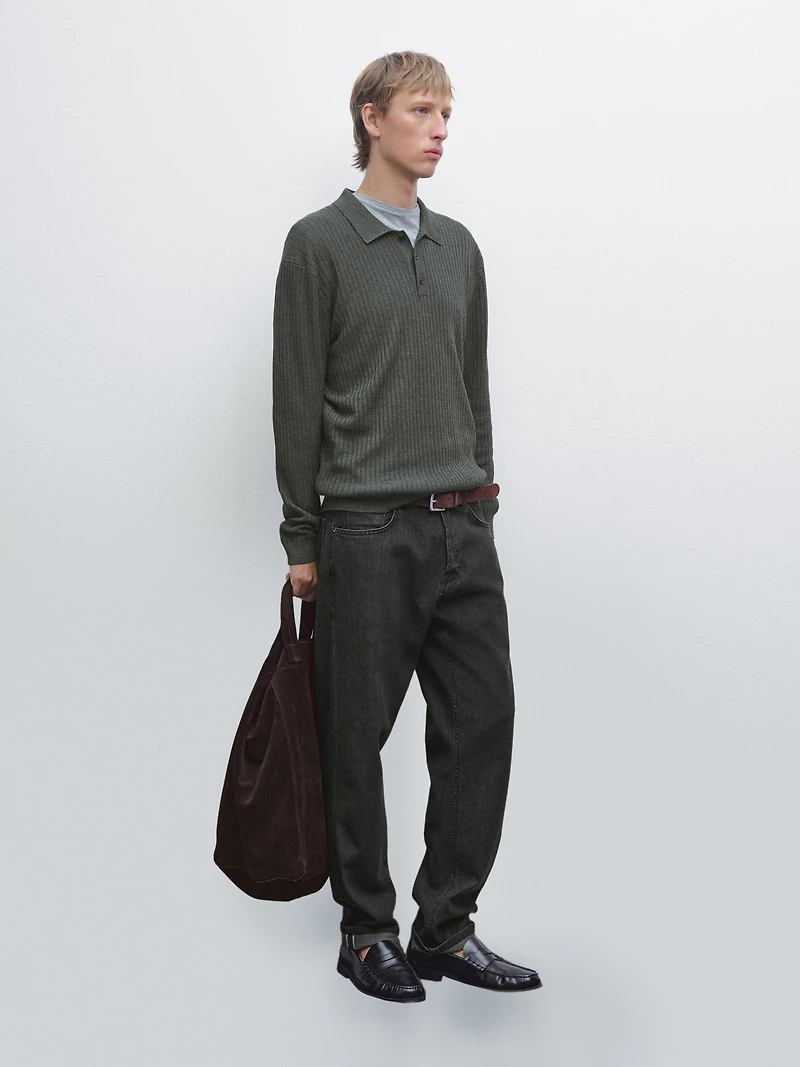 Cotton blend knit polo sweater