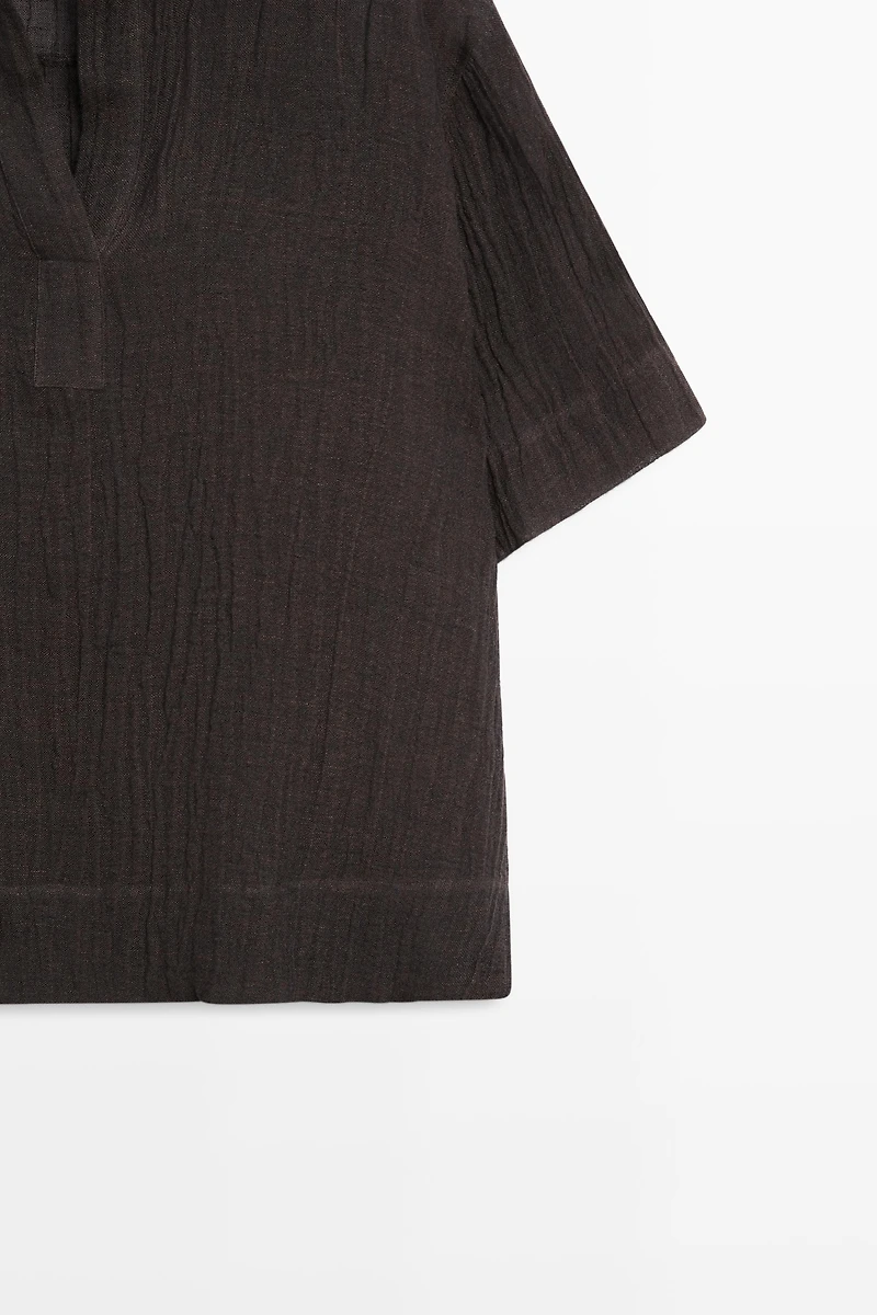 Flowing linen blend polo blouse