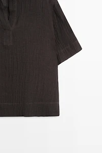 Flowing linen blend polo blouse