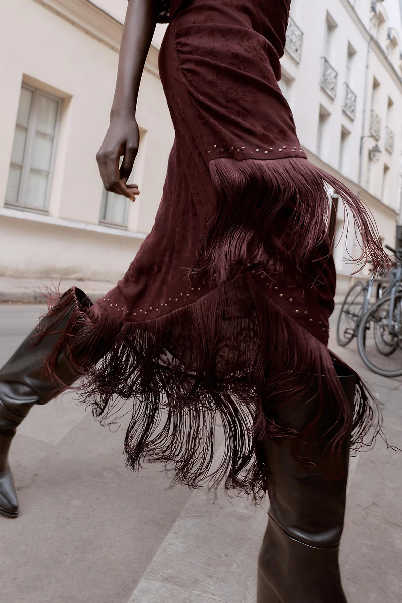 DEVORÉ FRINGED ASYMMETRIC MIDI DRESS