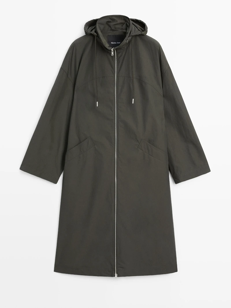 Technical fabric trench coat with hood