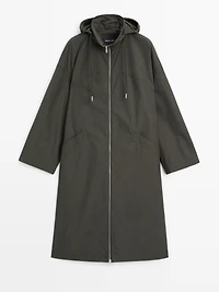 Technical fabric trench coat with hood